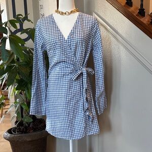 Saks Fifth Avenue Linen Gingham Wrap Dress in Blue ✨